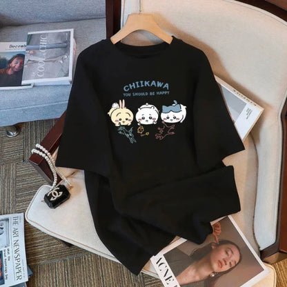 Chiikawa Cartoon Print Womens Cotton T-Shirt - Trendy Summer Loose Tee - ZOOMNSTORE