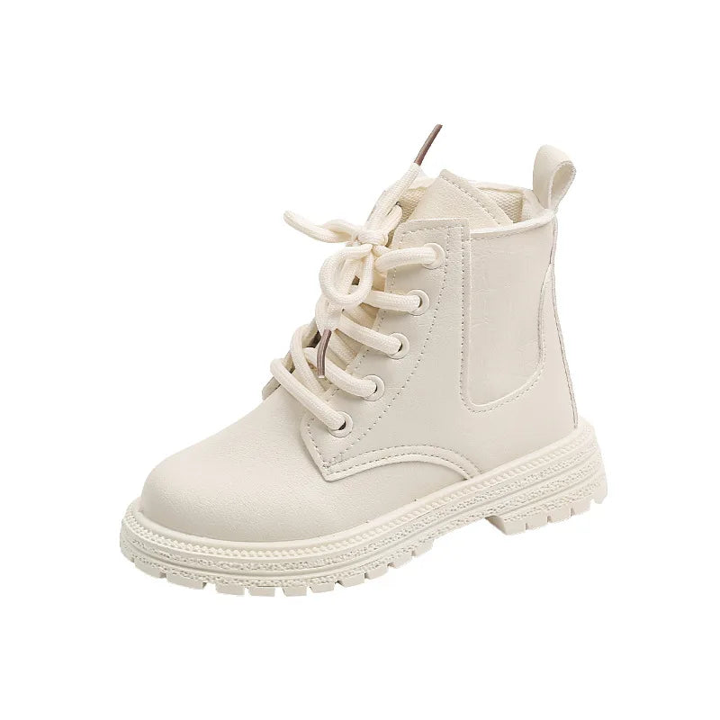 Children Ankle Boots - White Leather Girls Shoes, Non Slip, Zip Closure, Versatile - ZOOMNSTORE