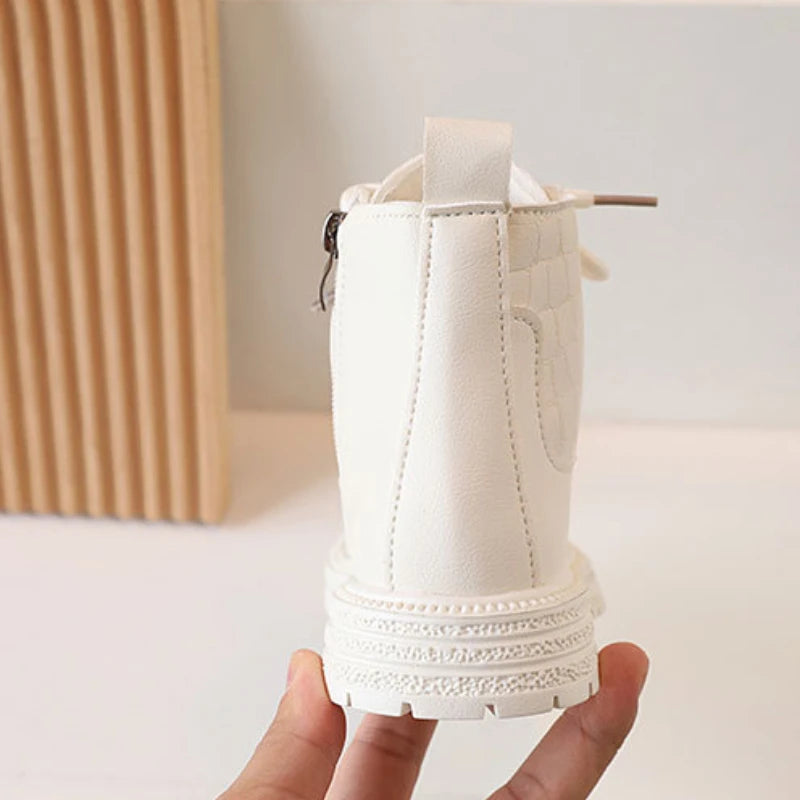 Children Ankle Boots - White Leather Girls Shoes, Non Slip, Zip Closure, Versatile - ZOOMNSTORE