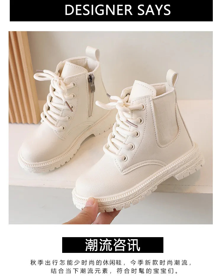 Children Ankle Boots - White Leather Girls Shoes, Non Slip, Zip Closure, Versatile - ZOOMNSTORE