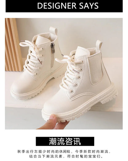 Children Ankle Boots - White Leather Girls Shoes, Non Slip, Zip Closure, Versatile - ZOOMNSTORE
