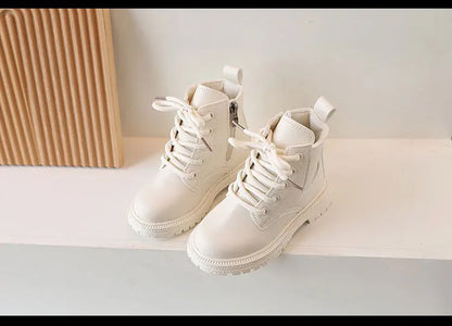 Children Ankle Boots - White Leather Girls Shoes, Non Slip, Zip Closure, Versatile - ZOOMNSTORE