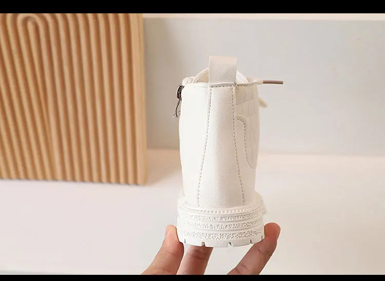 Children Ankle Boots - White Leather Girls Shoes, Non Slip, Zip Closure, Versatile - ZOOMNSTORE