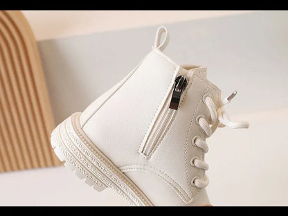 Children Ankle Boots - White Leather Girls Shoes, Non Slip, Zip Closure, Versatile - ZOOMNSTORE