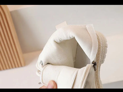Children Ankle Boots - White Leather Girls Shoes, Non Slip, Zip Closure, Versatile - ZOOMNSTORE