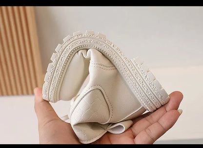 Children Ankle Boots - White Leather Girls Shoes, Non Slip, Zip Closure, Versatile - ZOOMNSTORE