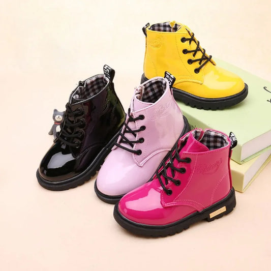 Children Ankle Shoes - Waterproof PU Leather Kids Rubber Boots With Lace-Up Closure - ZOOMNSTORE