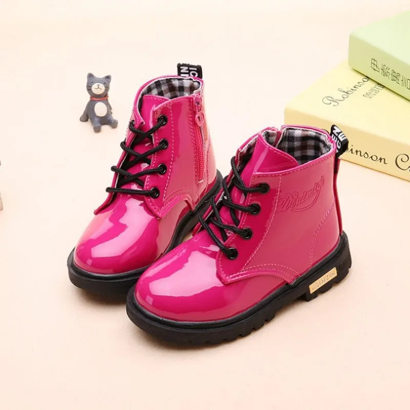 Children Ankle Shoes - Waterproof PU Leather Kids Rubber Boots With Lace-Up Closure - ZOOMNSTORE