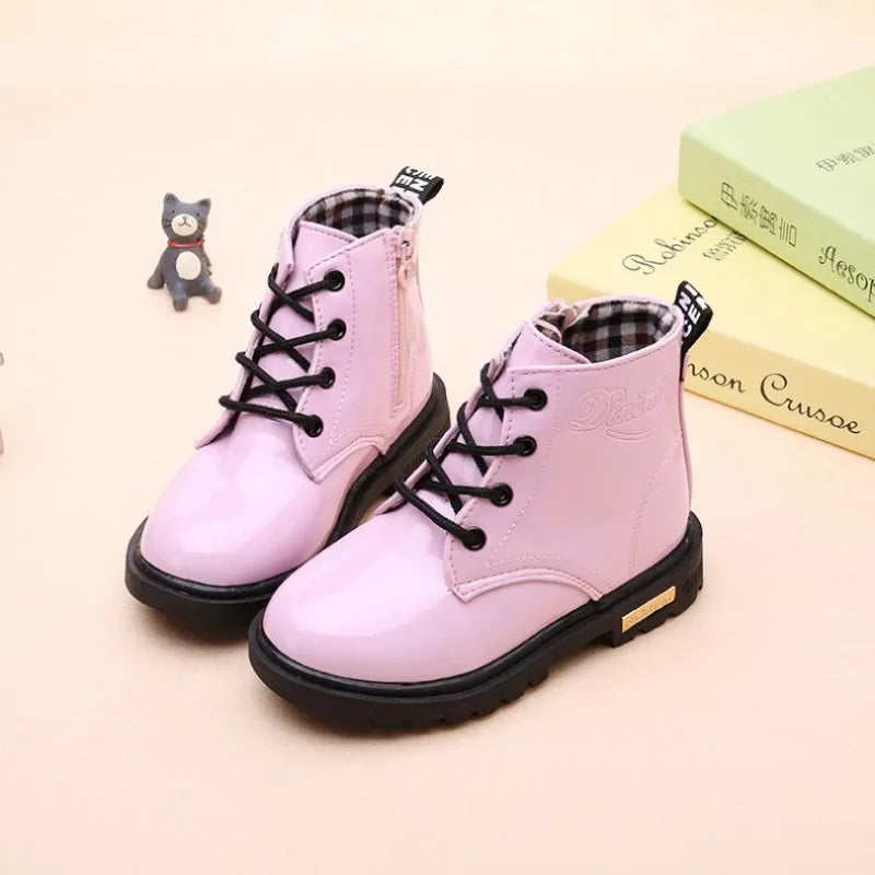 Children Ankle Shoes - Waterproof PU Leather Kids Rubber Boots With Lace-Up Closure - ZOOMNSTORE