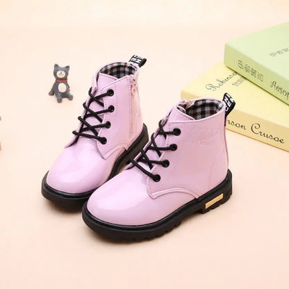 Children Ankle Shoes - Waterproof PU Leather Kids Rubber Boots With Lace-Up Closure - ZOOMNSTORE