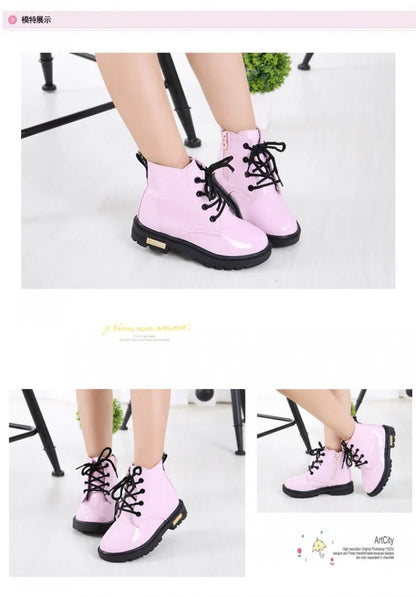 Children Ankle Shoes - Waterproof PU Leather Kids Rubber Boots With Lace-Up Closure - ZOOMNSTORE