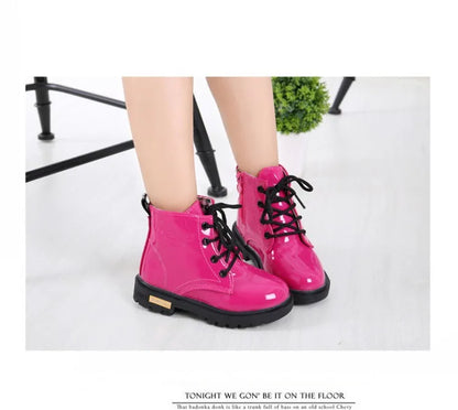 Children Ankle Shoes - Waterproof PU Leather Kids Rubber Boots With Lace-Up Closure - ZOOMNSTORE