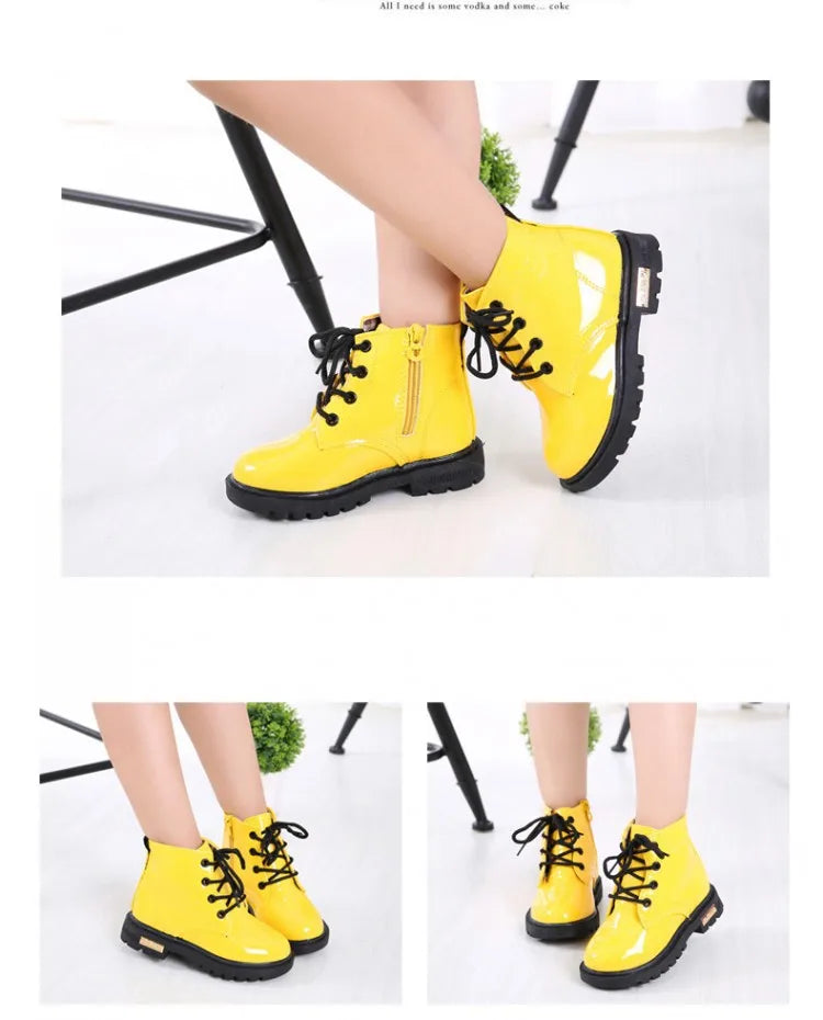 Children Ankle Shoes - Waterproof PU Leather Kids Rubber Boots With Lace-Up Closure - ZOOMNSTORE