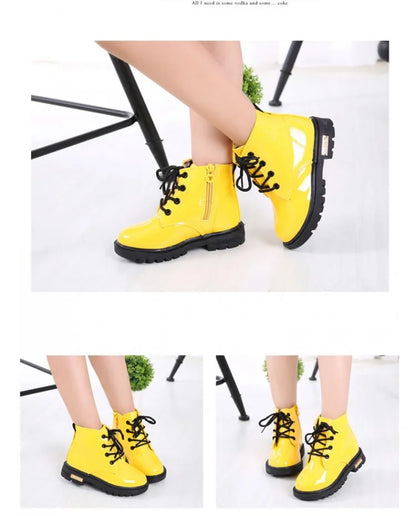 Children Ankle Shoes - Waterproof PU Leather Kids Rubber Boots With Lace-Up Closure - ZOOMNSTORE