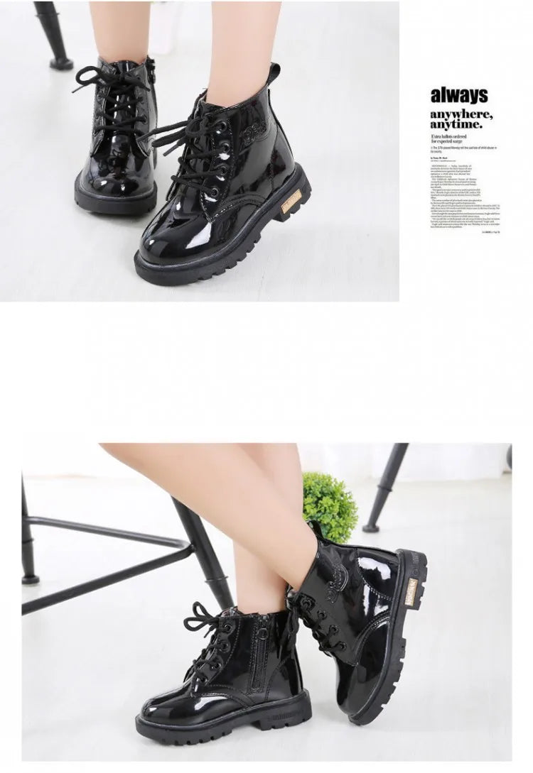 Children Ankle Shoes - Waterproof PU Leather Kids Rubber Boots With Lace-Up Closure - ZOOMNSTORE