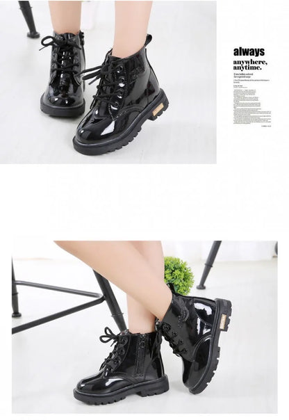 Children Ankle Shoes - Waterproof PU Leather Kids Rubber Boots With Lace-Up Closure - ZOOMNSTORE