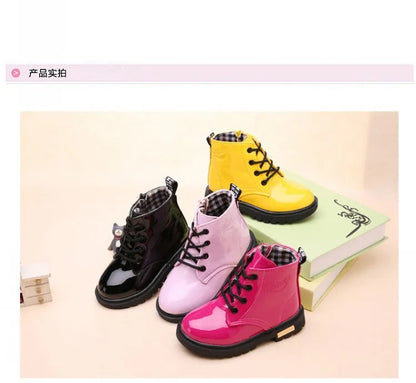 Children Ankle Shoes - Waterproof PU Leather Kids Rubber Boots With Lace-Up Closure - ZOOMNSTORE