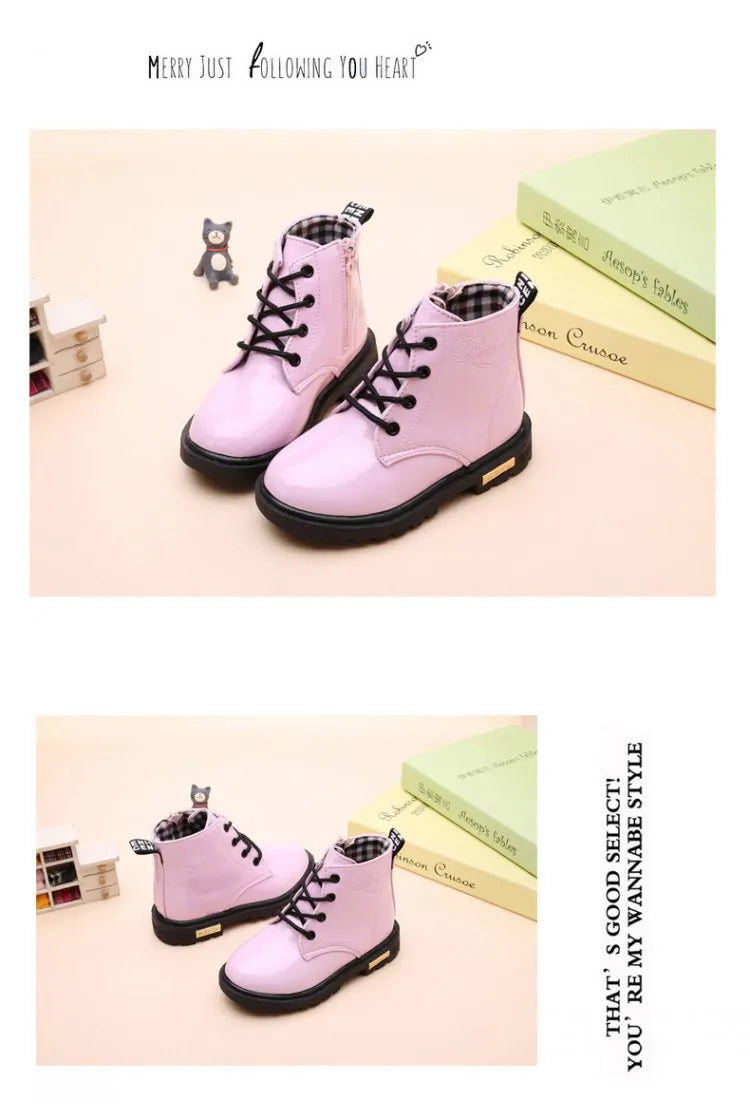 Children Ankle Shoes - Waterproof PU Leather Kids Rubber Boots With Lace-Up Closure - ZOOMNSTORE