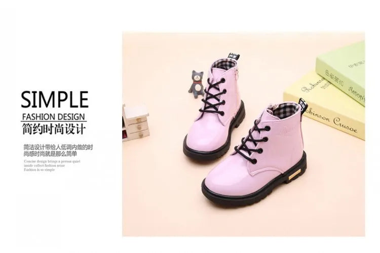 Children Ankle Shoes - Waterproof PU Leather Kids Rubber Boots With Lace-Up Closure - ZOOMNSTORE