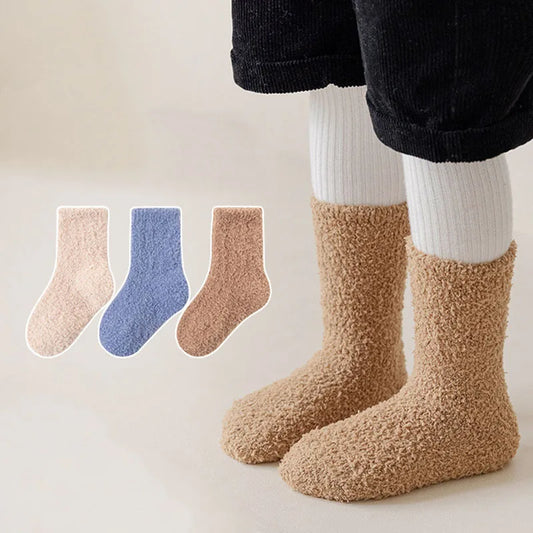 3 Pairs/Lot Children Floor Socks Winter Warm Solid Color Coral Velvet Kids Mid-Tube Sock For Boys And Girls - ZOOMNSTORE