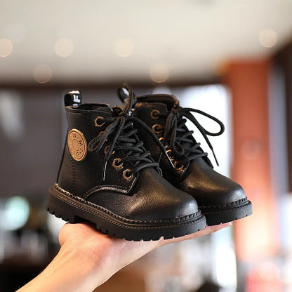 Children Leather Boots - Waterproof Plush Lined Kids Winter Boots, Ankle Height - ZOOMNSTORE