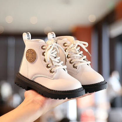 Children Leather Boots - Waterproof Plush Lined Kids Winter Boots, Ankle Height - ZOOMNSTORE