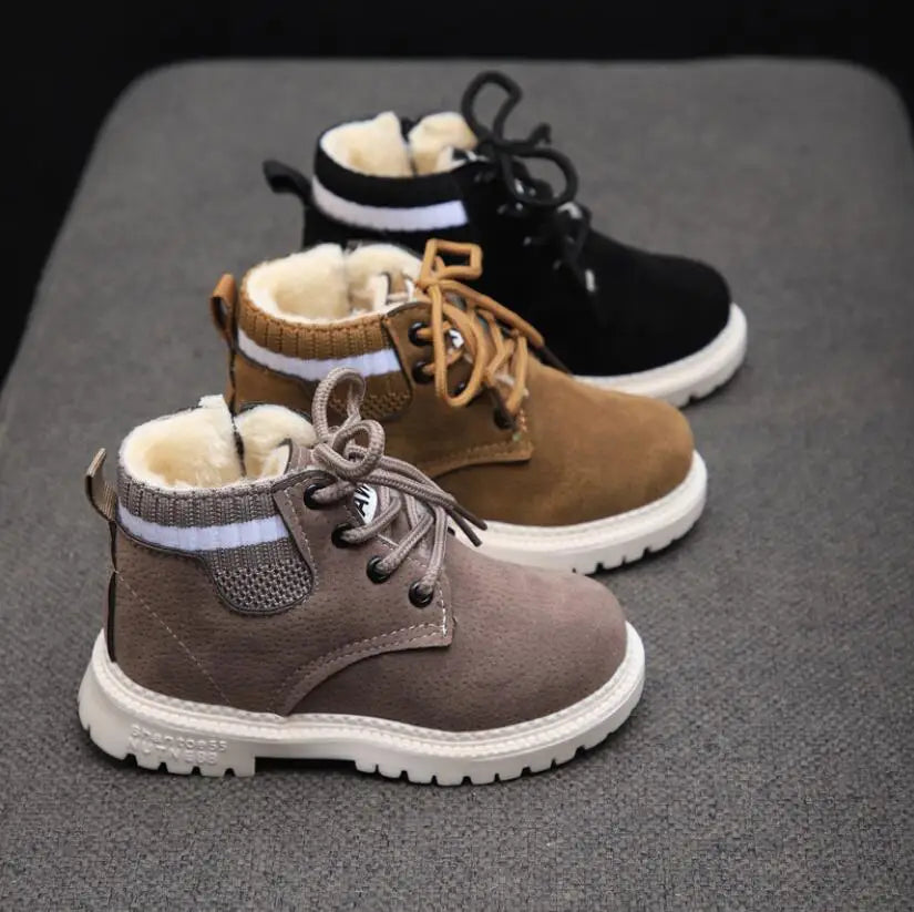 Children Winter Boots - Boys Autumn Lace-Up Soft Leather Casual Shoes With Plush Lining - ZOOMNSTORE