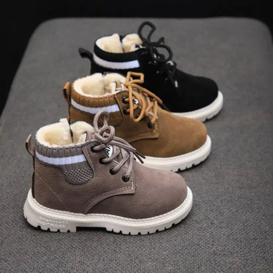 Children Winter Boots - Boys Autumn Lace-Up Soft Leather Casual Shoes With Plush Lining - ZOOMNSTORE