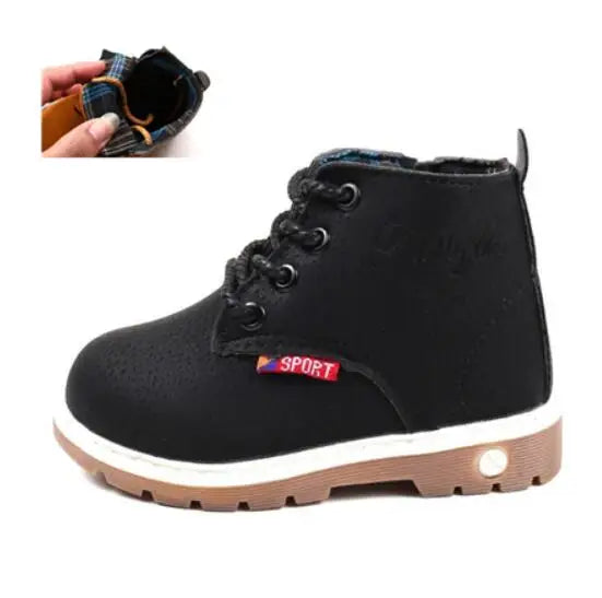 Children Winter Boots - Boys Autumn Lace-Up Soft Leather Casual Shoes With Plush Lining - ZOOMNSTORE
