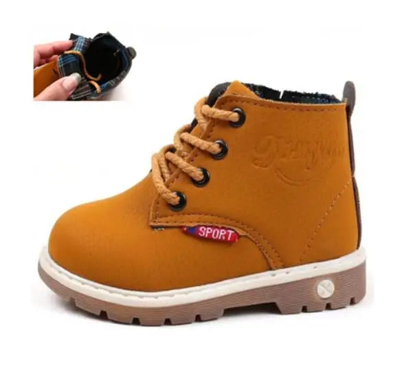 Children Winter Boots - Boys Autumn Lace-Up Soft Leather Casual Shoes With Plush Lining - ZOOMNSTORE