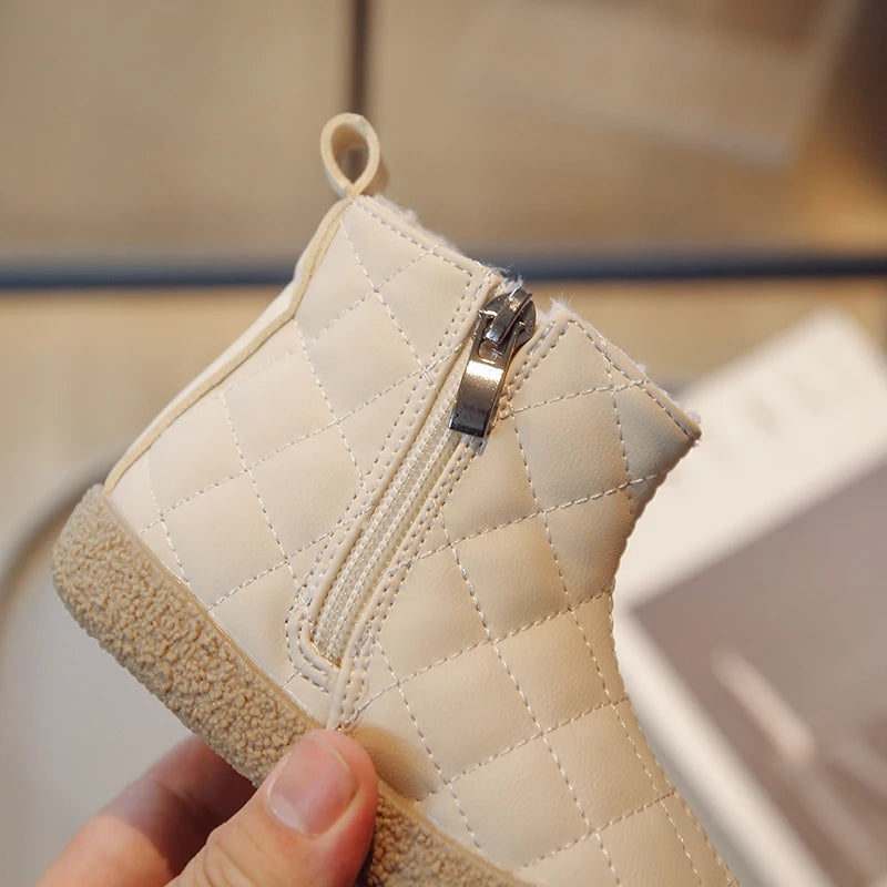 Children Winter Boots - Girls Plush Cotton Ankle Height Flat Heel Shoes - ZOOMNSTORE