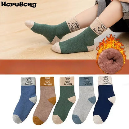 5 Pairs /bag Winter Children Socks Warm Autumn And Winter Plush Thicken Toddler Boys Girls Cotton Middle Tube Sock For 2-14 Year - ZOOMNSTORE