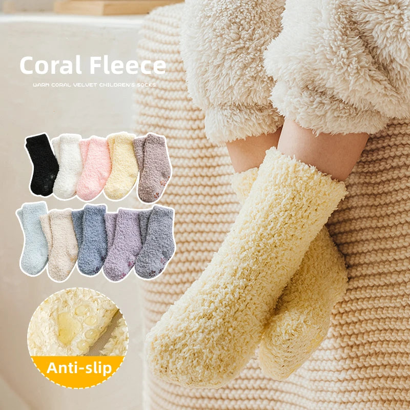1 Pairs Winter Coral Fleece Children Socks Thick Warm Anti-slip Newborn Girls Boys Tube Socks Indoor Floor Socks For 0-5 Years - ZOOMNSTORE