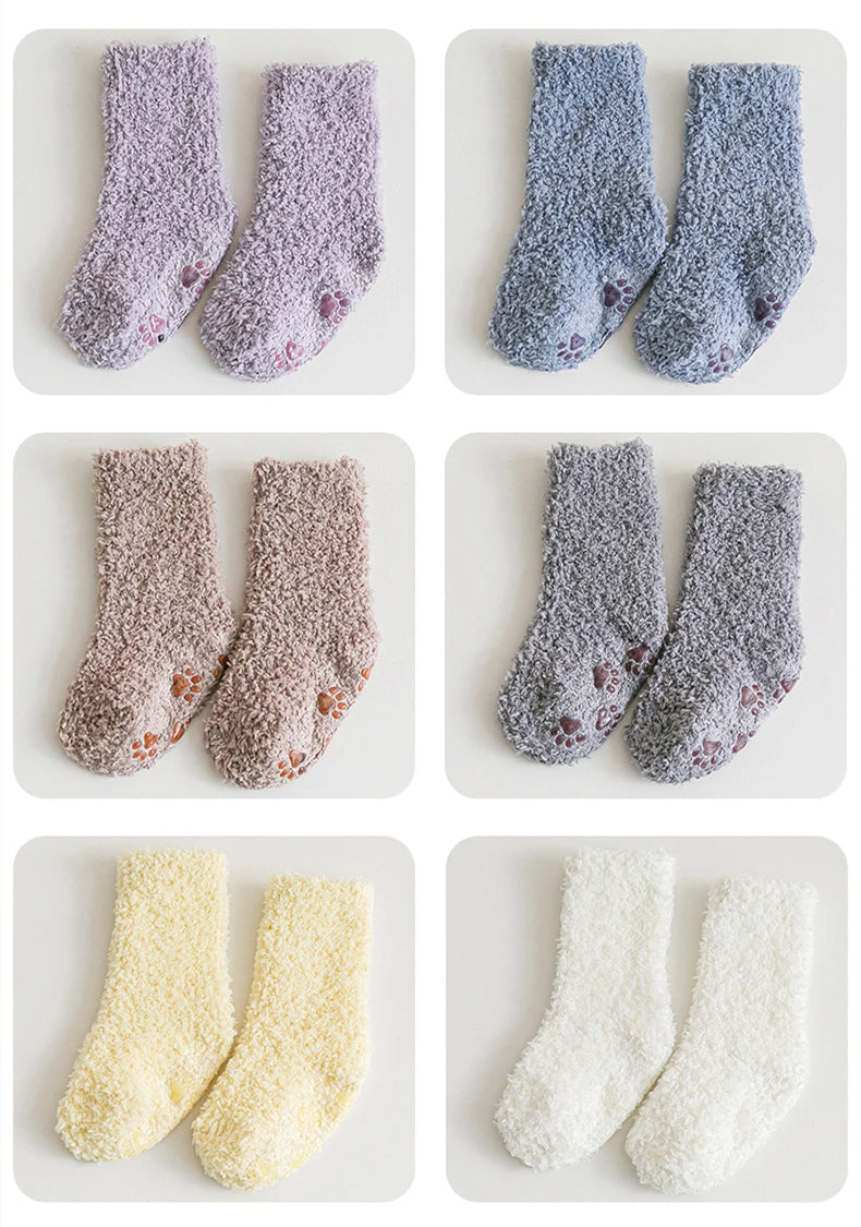 1 Pairs Winter Coral Fleece Children Socks Thick Warm Anti-slip Newborn Girls Boys Tube Socks Indoor Floor Socks For 0-5 Years - ZOOMNSTORE