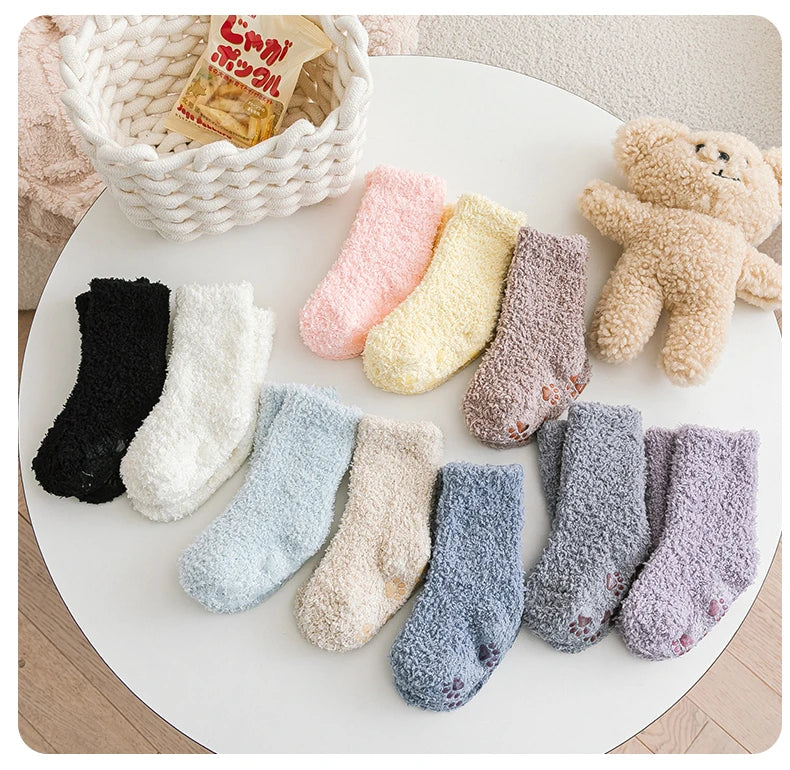 1 Pairs Winter Coral Fleece Children Socks Thick Warm Anti-slip Newborn Girls Boys Tube Socks Indoor Floor Socks For 0-5 Years - ZOOMNSTORE