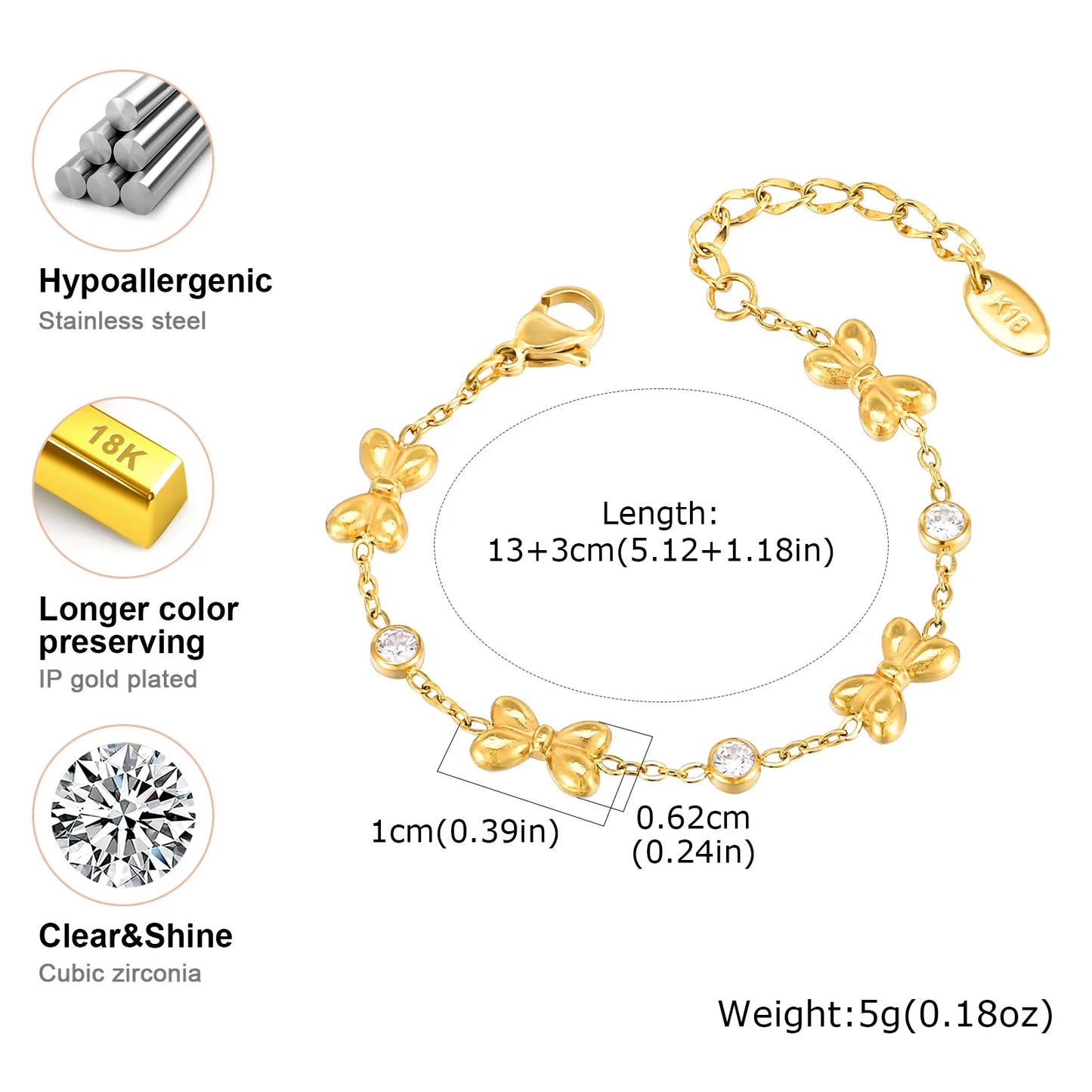 Childrens Stainless Steel Bracelet - Cute Bow Design with Cubic Zirconia - ZOOMNSTORE