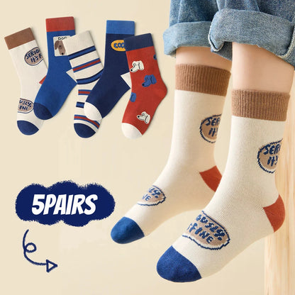 5 Pairs Children's Socks, Boys' Cartoon Cute Puppy Mid Length Socks , Students' , Autumn/ Winter Versatile Socks - ZOOMNSTORE