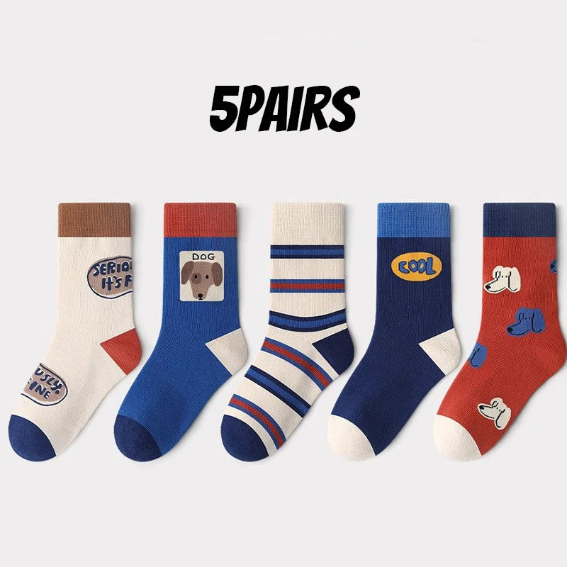 5 Pairs Children's Socks, Boys' Cartoon Cute Puppy Mid Length Socks , Students' , Autumn/ Winter Versatile Socks - ZOOMNSTORE