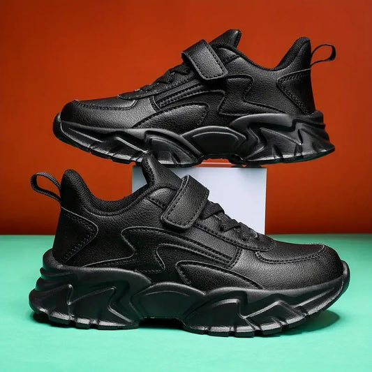 Boys Black Waterproof Running Shoes - Casual Leather Sports Footwear - ZOOMNSTORE