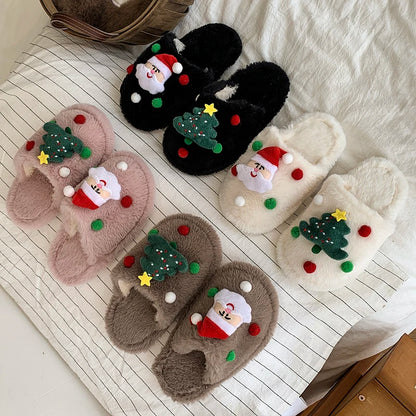 Children's Winter Plush Slippers Christmas Santa Tree Decor Comfy Open - Toe Kids Cotton-padded Cute Shoe Children Fuzzy Slides - ZOOMNSTORE
