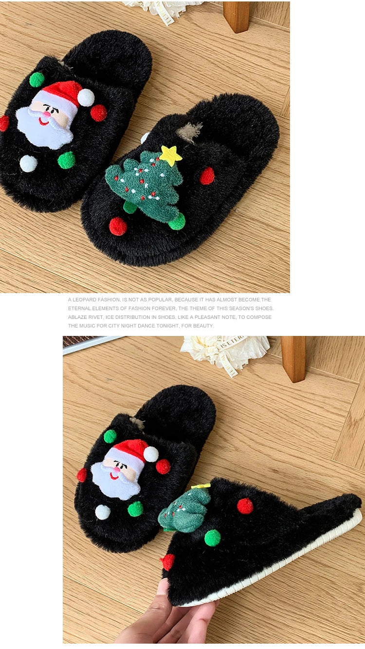 Children's Winter Plush Slippers Christmas Santa Tree Decor Comfy Open - Toe Kids Cotton-padded Cute Shoe Children Fuzzy Slides - ZOOMNSTORE