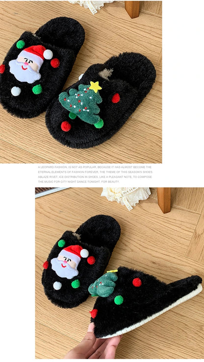 Children's Winter Plush Slippers Christmas Santa Tree Decor Comfy Open - Toe Kids Cotton-padded Cute Shoe Children Fuzzy Slides - ZOOMNSTORE