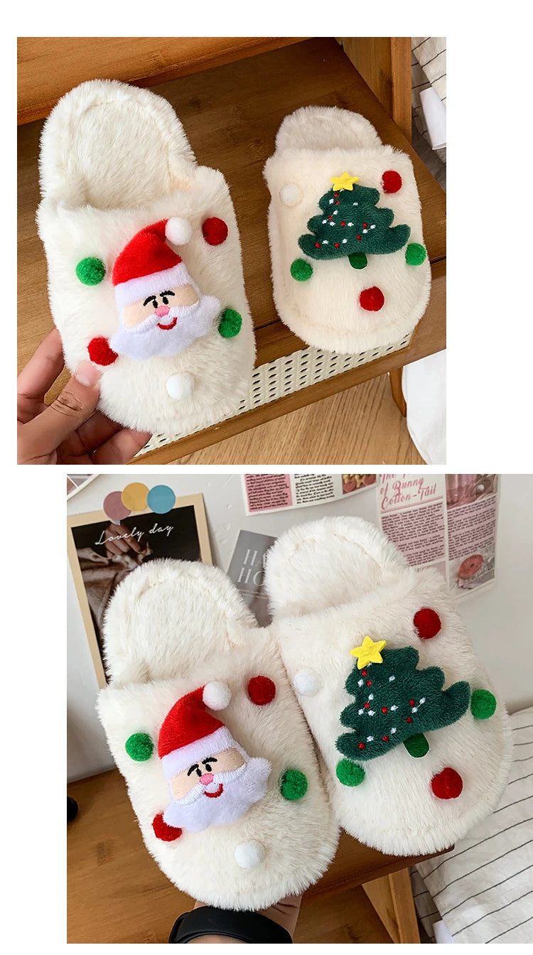 Children's Winter Plush Slippers Christmas Santa Tree Decor Comfy Open - Toe Kids Cotton-padded Cute Shoe Children Fuzzy Slides - ZOOMNSTORE