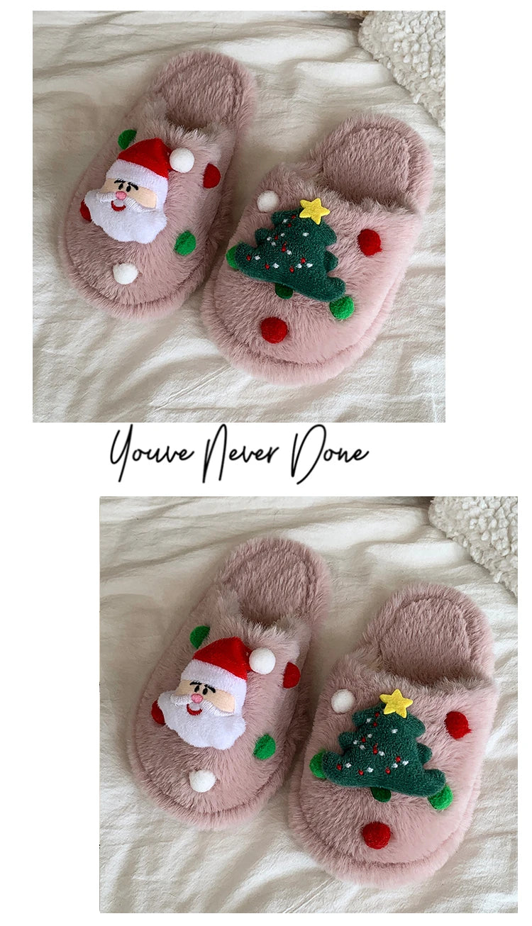 Children's Winter Plush Slippers Christmas Santa Tree Decor Comfy Open - Toe Kids Cotton-padded Cute Shoe Children Fuzzy Slides - ZOOMNSTORE