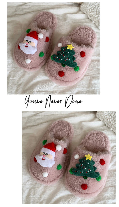 Children's Winter Plush Slippers Christmas Santa Tree Decor Comfy Open - Toe Kids Cotton-padded Cute Shoe Children Fuzzy Slides - ZOOMNSTORE