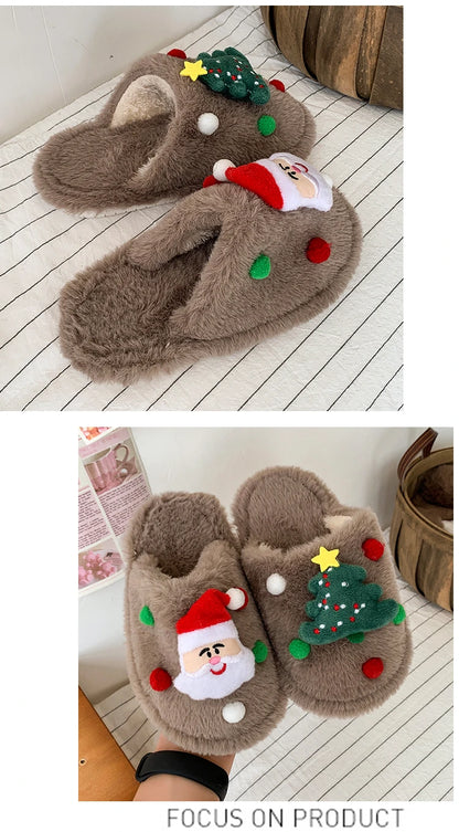 Children's Winter Plush Slippers Christmas Santa Tree Decor Comfy Open - Toe Kids Cotton-padded Cute Shoe Children Fuzzy Slides - ZOOMNSTORE