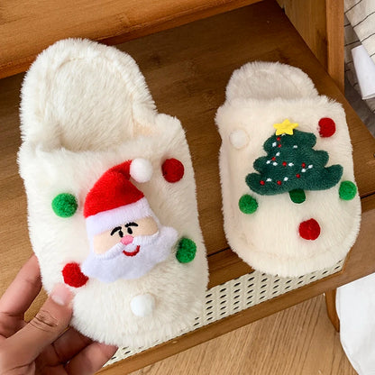 Children's Winter Plush Slippers Christmas Santa Tree Decor Comfy Open - Toe Kids Cotton-padded Cute Shoe Children Fuzzy Slides - ZOOMNSTORE
