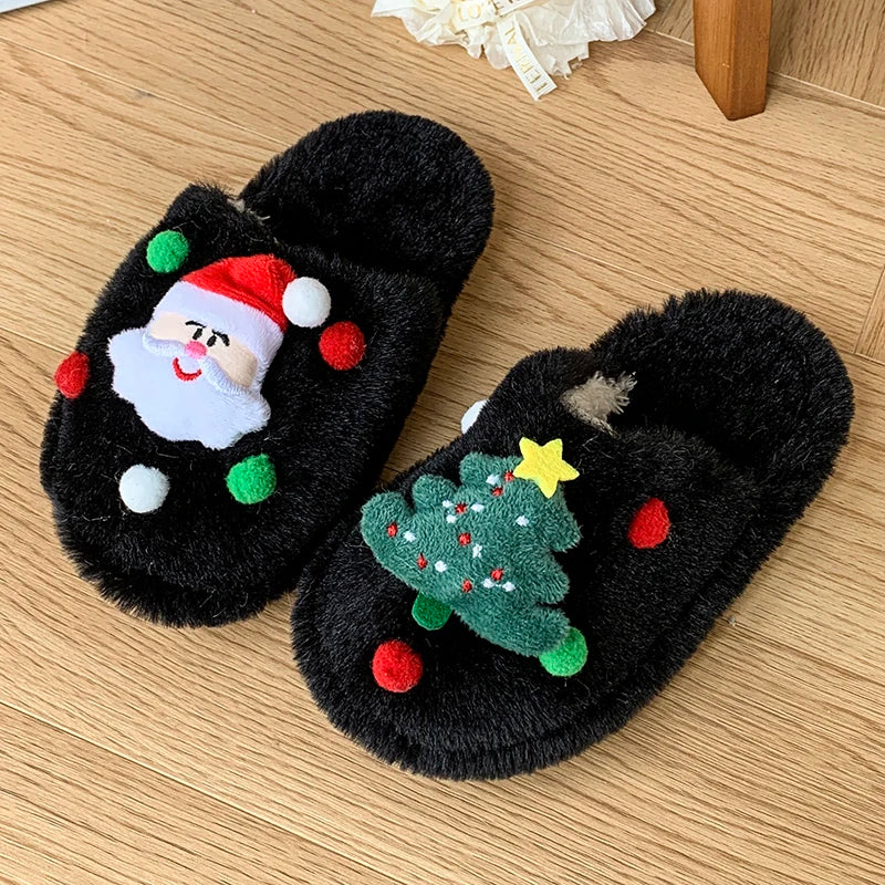 Children's Winter Plush Slippers Christmas Santa Tree Decor Comfy Open - Toe Kids Cotton-padded Cute Shoe Children Fuzzy Slides - ZOOMNSTORE