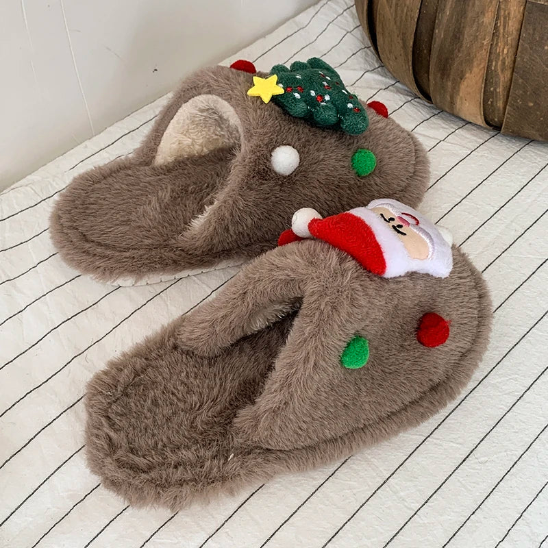 Children's Winter Plush Slippers Christmas Santa Tree Decor Comfy Open - Toe Kids Cotton-padded Cute Shoe Children Fuzzy Slides - ZOOMNSTORE