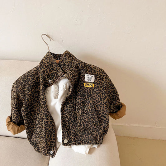 Childrens Casual Long-Sleeved Jacket - Boys  Girls Leopard Print Denim Coat - ZOOMNSTORE